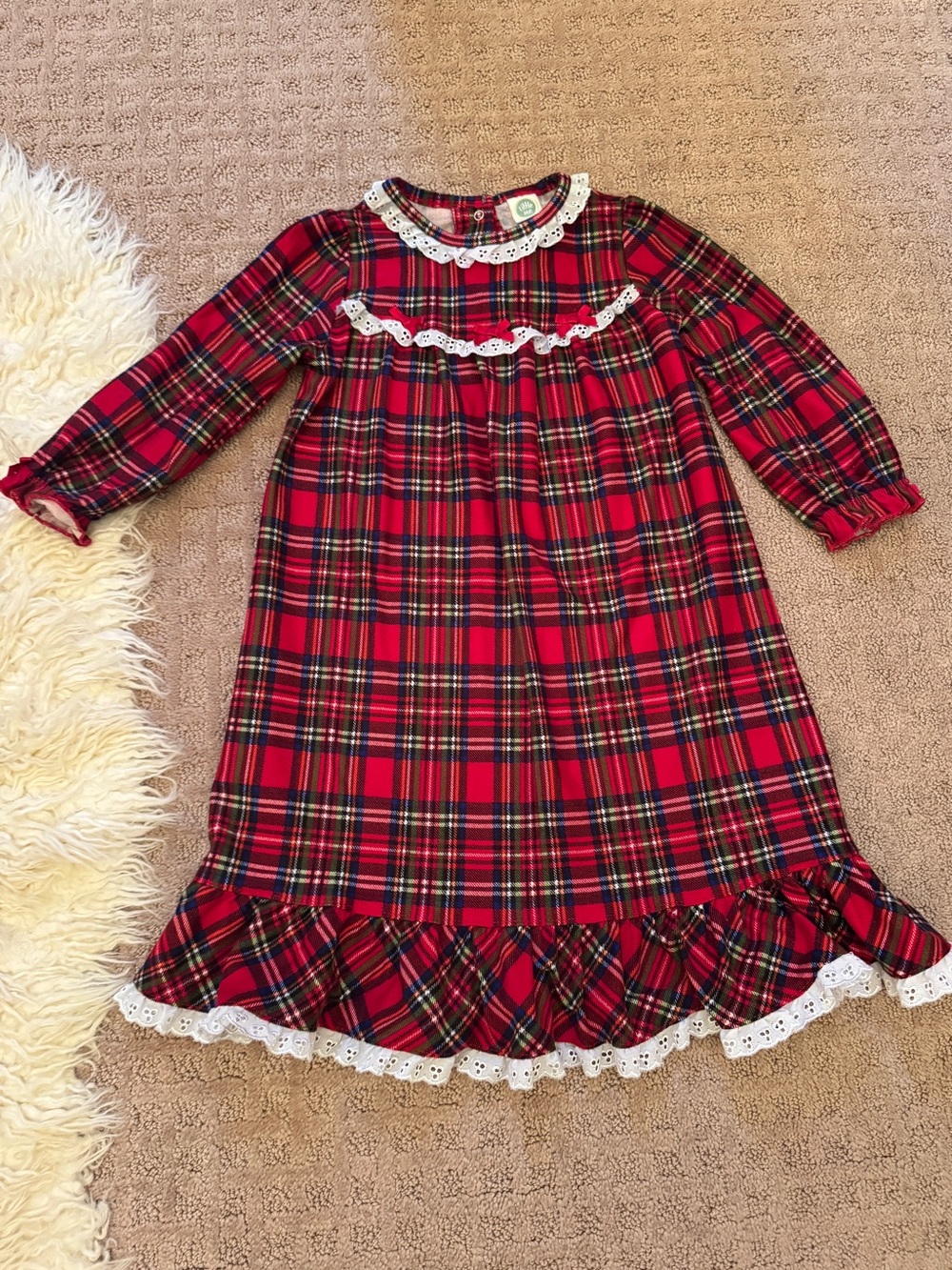 Little Me Red Plaid Nightgown with White Lace Trim